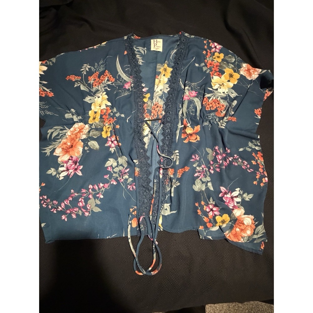 Haute Project Los Angeles Kimono Top~2XL~ Teal Crochet Trim Waist Tie Boho Chic - Picture 7 of 12